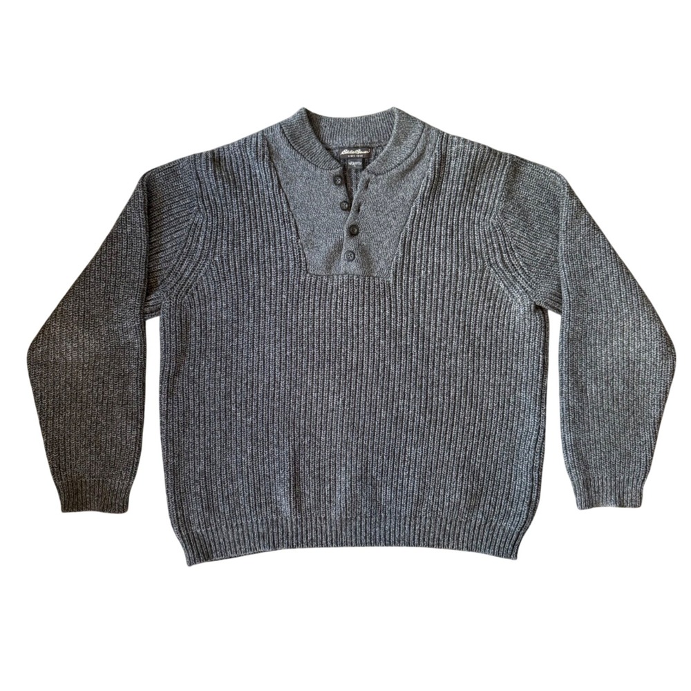 Eddie‎ Bauer Sweater Mens Large Gray Rib Knit Henley Cotton Pullover Heavy Knit